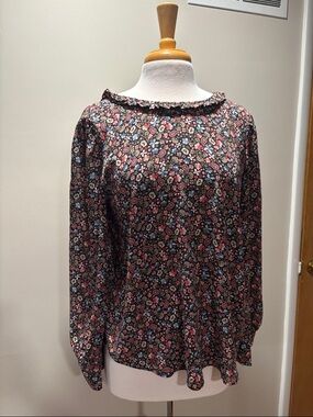 LOFT Black Floral Paisley Ruffle-Neck Long Sleeve Blouse